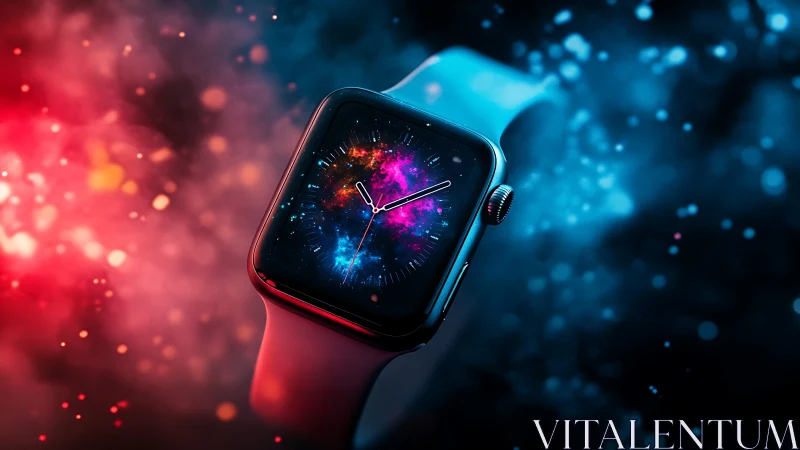 Smartwatch displays vivid cosmic dial amid neon bokeh glow
