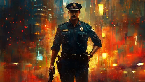 Urban night patrol officer amid abstract neon bokeh glow.