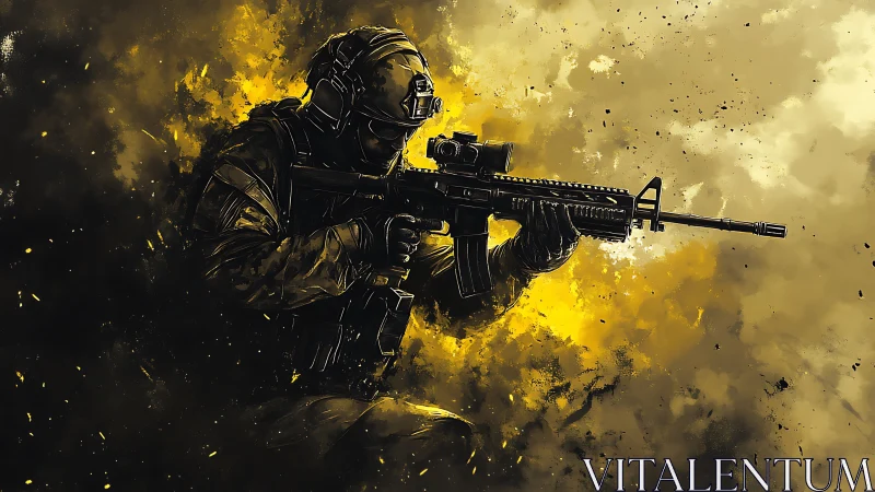Tactical soldier silhouette with scoped assault rifle in dynamic smoke
