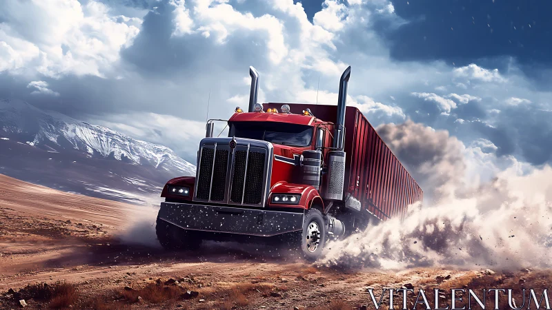 Red semi truck powers through desert dust storm terrain.