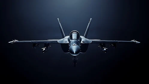 Front view of modern fighter jet in dark studio lighting.