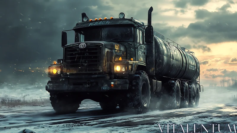 Stormlit tanker truck rolling through a frozen winter road.