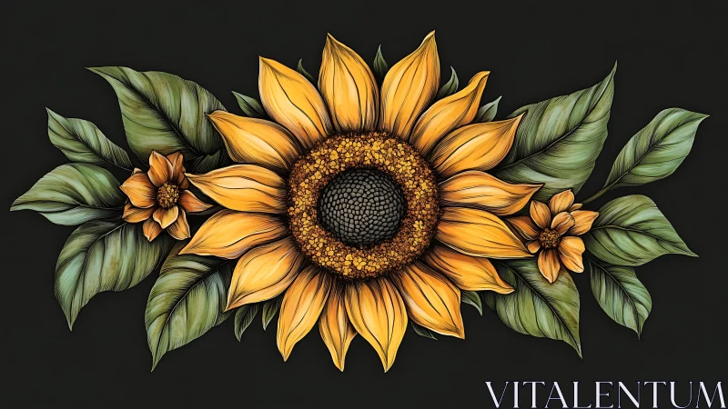 Detailed digital sunflower bouquet on dark background.