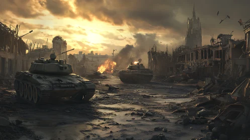 Military tanks in ruined urban street under cloudy sky.