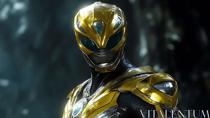 Gold and black armored humanoid figure in reflective suit.