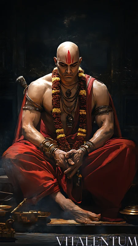 Ascetic strategist broods in ember-lit sacred darkness.