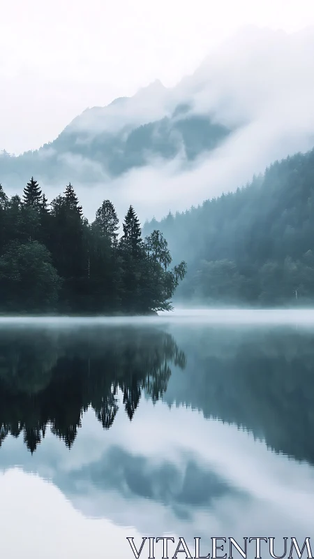 Misty mountains and forest reflected on a tranquil lake at dawn.