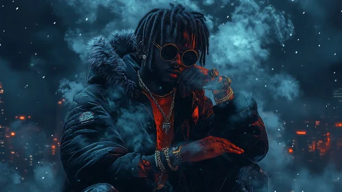 Urban figure in heavy jacket amid blue smoke at night.