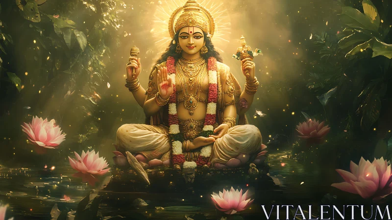 Golden deity seated on lotus in lush glowing forest scene.