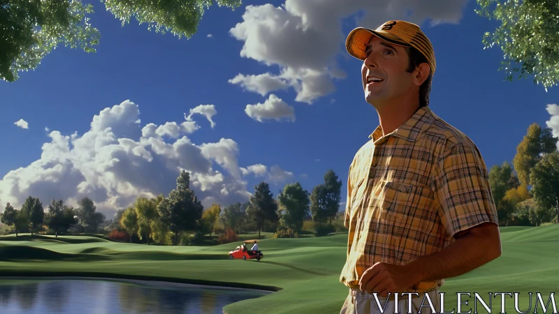 Golfer rendered on sunlit fairway under volumetric cloudscape