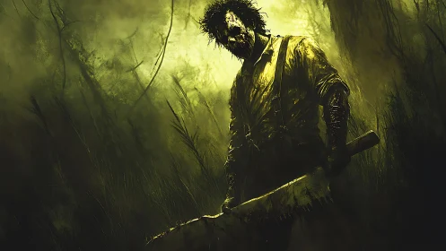 Ominous masked figure looms in a foggy, haunted forest