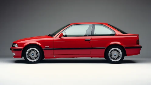 Red BMW E36 coupe profile showcases classic sports design.