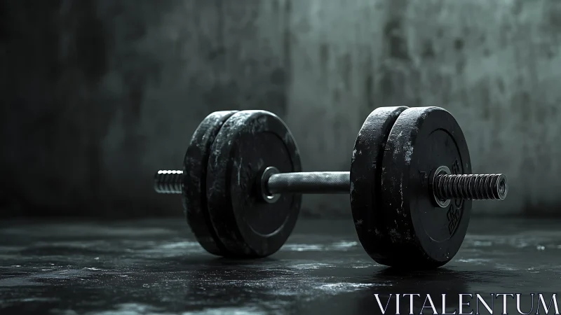 Black metal dumbbell on dark concrete gym floor.