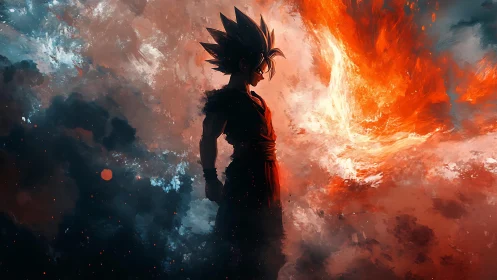 Silhouetted warrior studies turbulent red-blue elemental vortex field