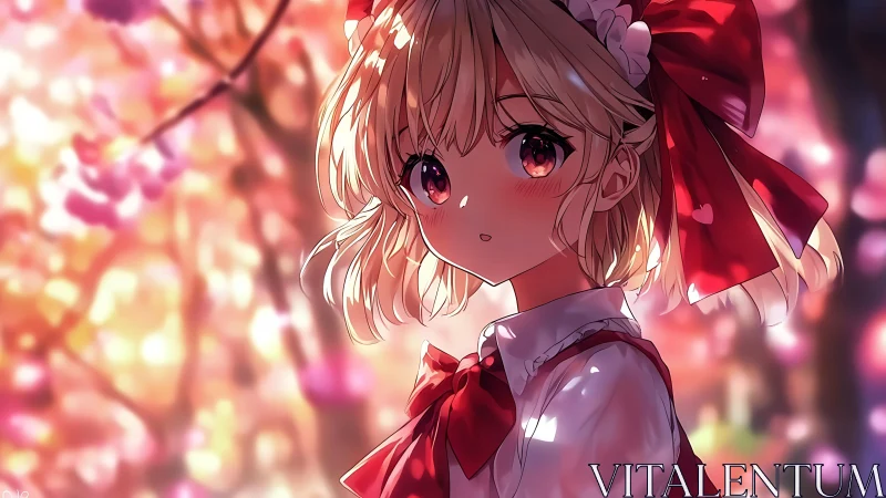 Soft-eyed anime girl glows in dreamy spring blossom light