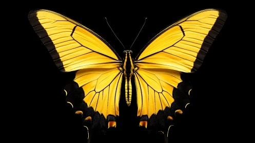 Yellow swallowtail butterfly spreads wings on pure black