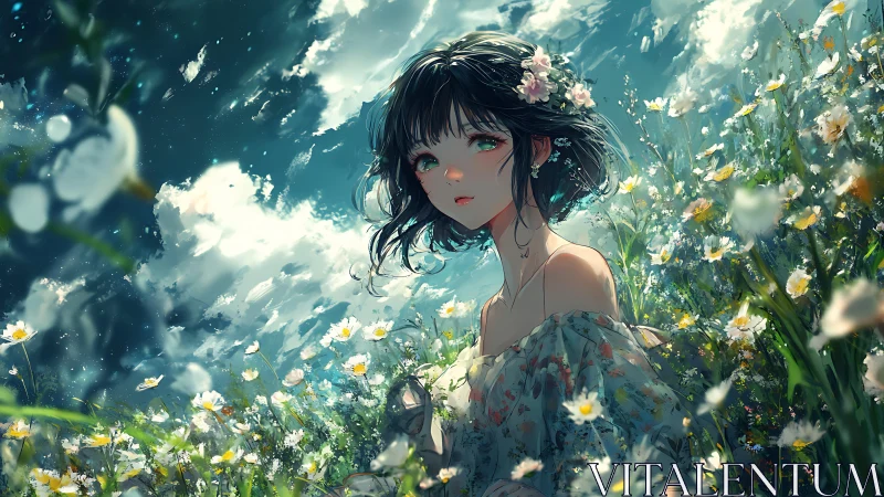 Atmospheric anime meadow portrait with luminous floral bokeh.