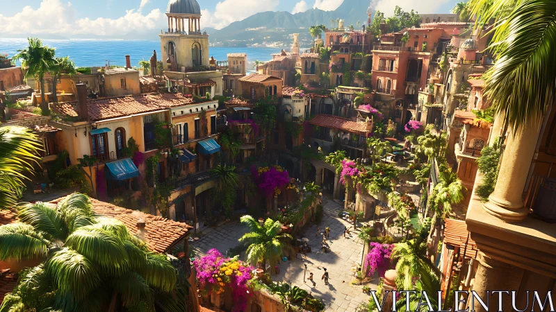 Sunlit Mediterranean courtyard with lush floral terraces.