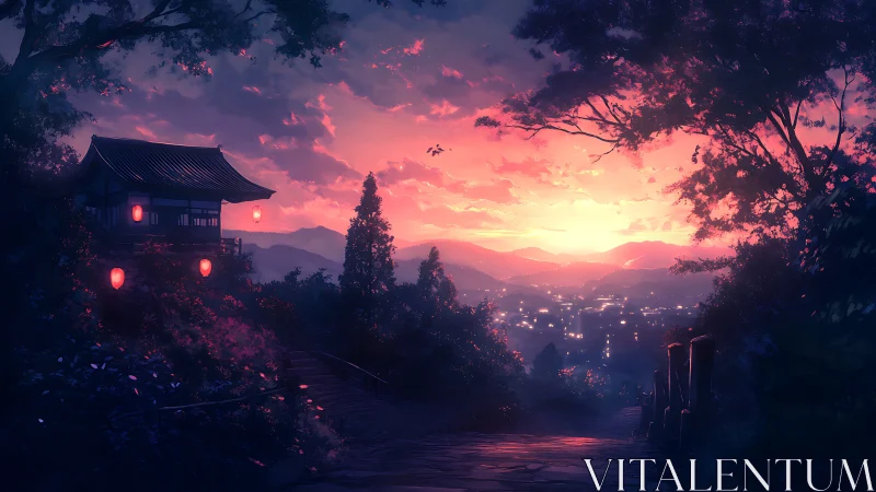 Sunset lantern path overlooking a tranquil valley cityscape.