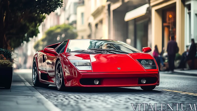 Crimson supercar prowls a sunlit city canyon with quiet menace