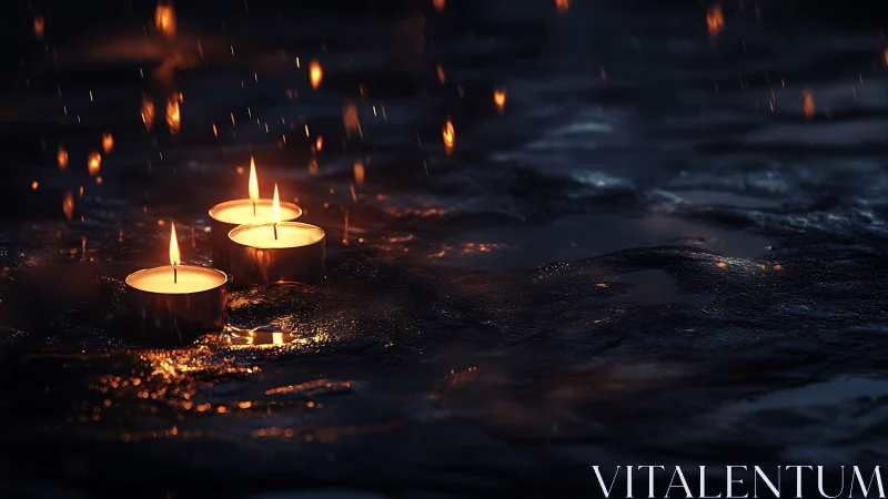Glowing Candles in Rain: Photorealistic Nighttime Ambiance.