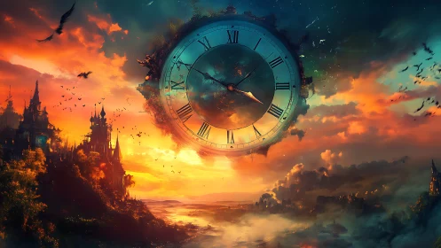 Surreal celestial clock hovering above burning kingdoms.