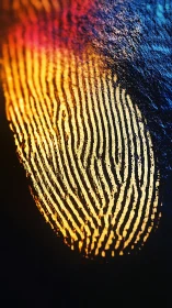 Iridescent fingerprint macro in vivid warm spectrum light.