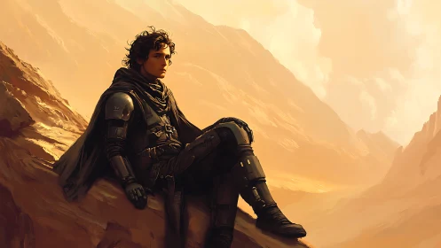 Young wanderer resting in golden desert canyon light.