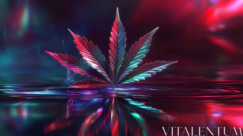 Neon cannabis leaf floating over electric reflective water.