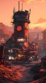 Sunset outpost tower dominating a dusty Martian frontier.