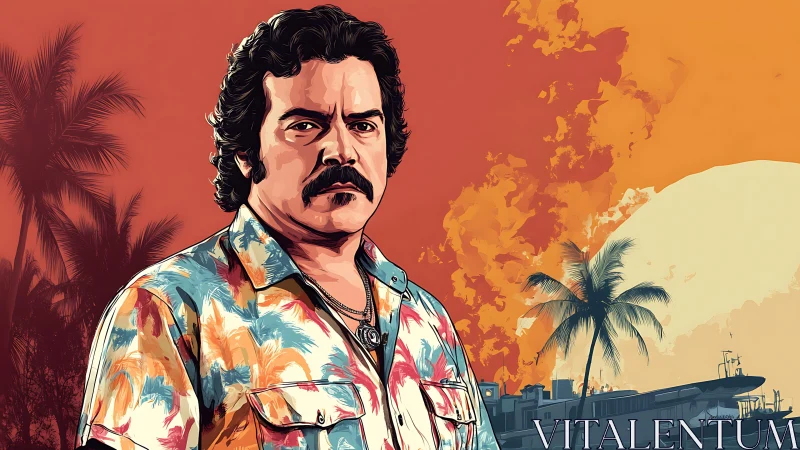 Tropical crime boss portrait against blazing sunset sky