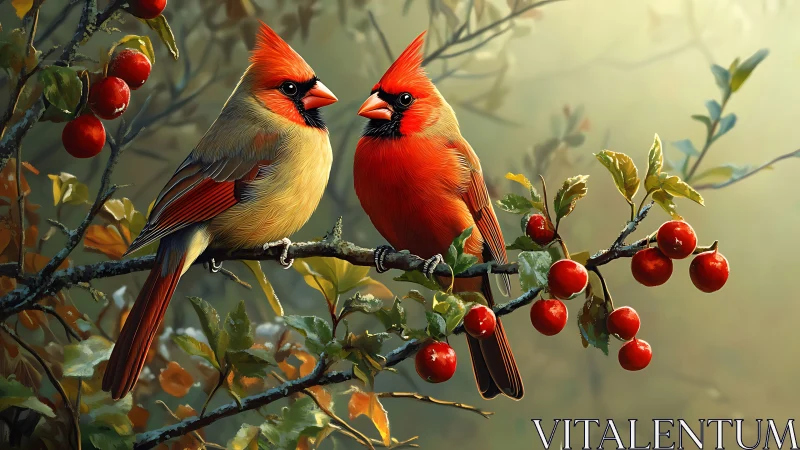 Pair of cardinals on berry branch in bright, realistic style.