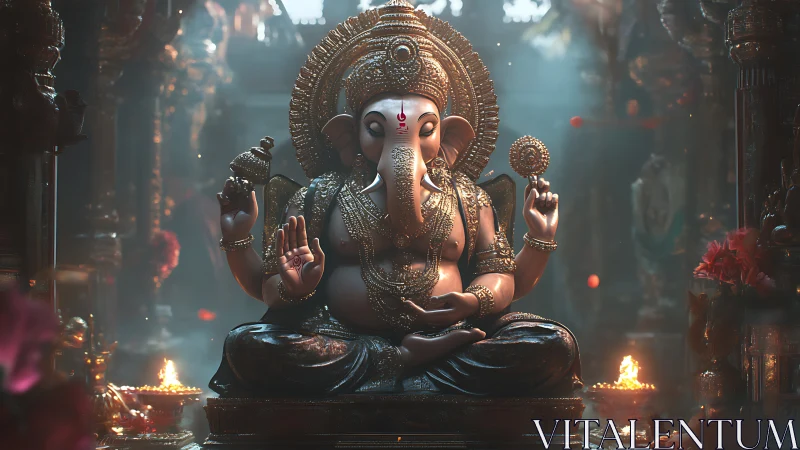 Elephant-headed deity statue seated in ornate temple hall.