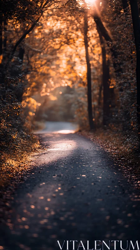 Forest pathway at sunset with golden light filtering through tree canopy