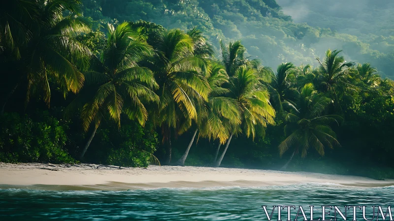 Tropical Shoreline with Dense Palm Canopy and Turquoise Waters.