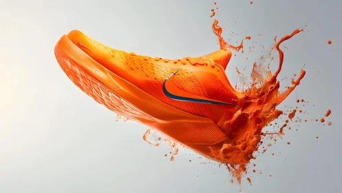 Vibrant orange athletic sneaker in dynamic splash art style.