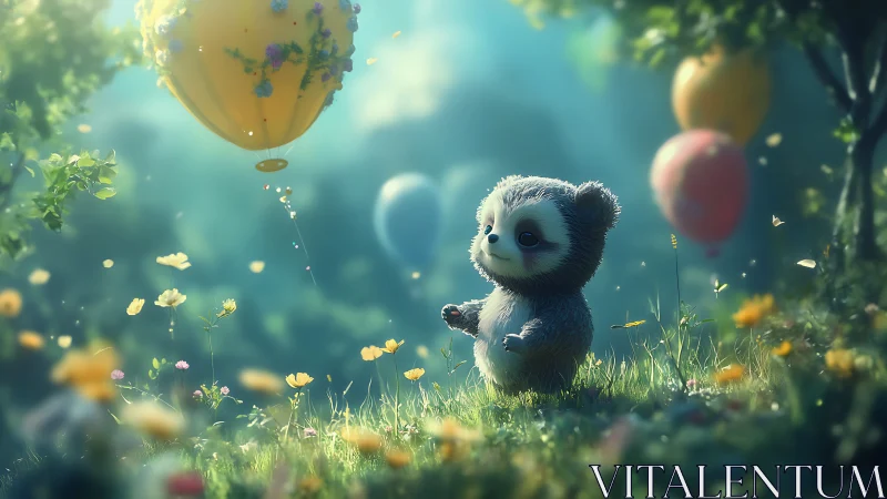 Cute baby panda with balloons in a dreamy forest meadow.