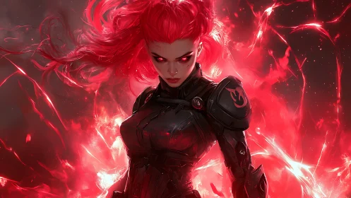 Armored pyrokinetic warrior in red energy storm portrait