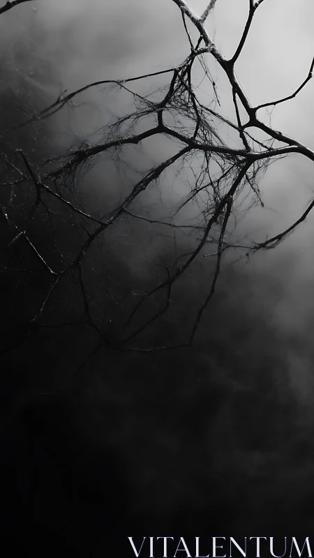 Bare branches cut through mist in stark monochrome silence.