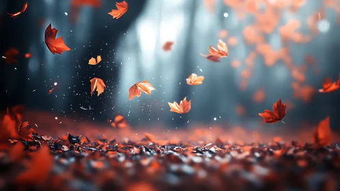Cinematic shallow‑depth autumn leaves swirling in soft bokeh