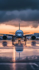 Runway mirror turns twilight jet into glowing twin