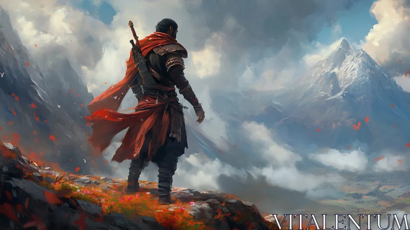 Lone cloaked warrior surveys vast misty mountain valley