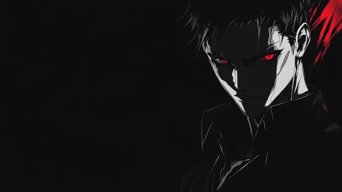 Dark anime antihero portrait with glowing red eyes.