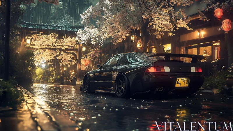Modified sports coupe is parked on wet street under cherry trees