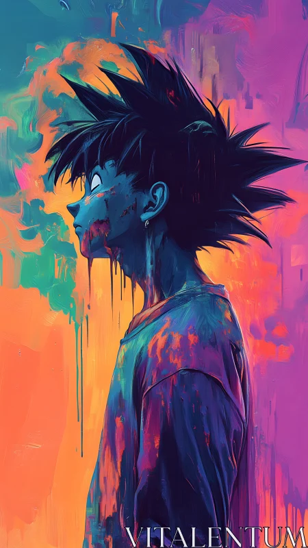 Neon anime profile in dripping abstract paint portrait.