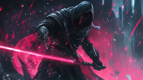 Midnight warlock carves neon ruin with a crimson blade