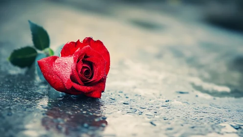 Red rose lies on wet pavement under soft diffused light