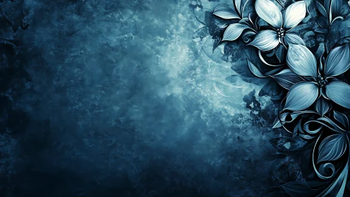 Blue floral digital painting with ornate corner blooms.