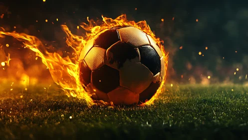Flaming soccer ball ignites wet turf under cinematic side light