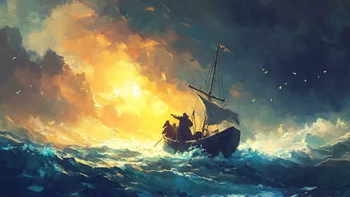 Storm-tossed sailors carve a bright corridor through dusk seas